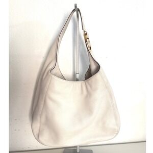 Michael Kors Fulton Hobo Bag Cream Pebbled Leather Gold MK Logo Shoulder Bag